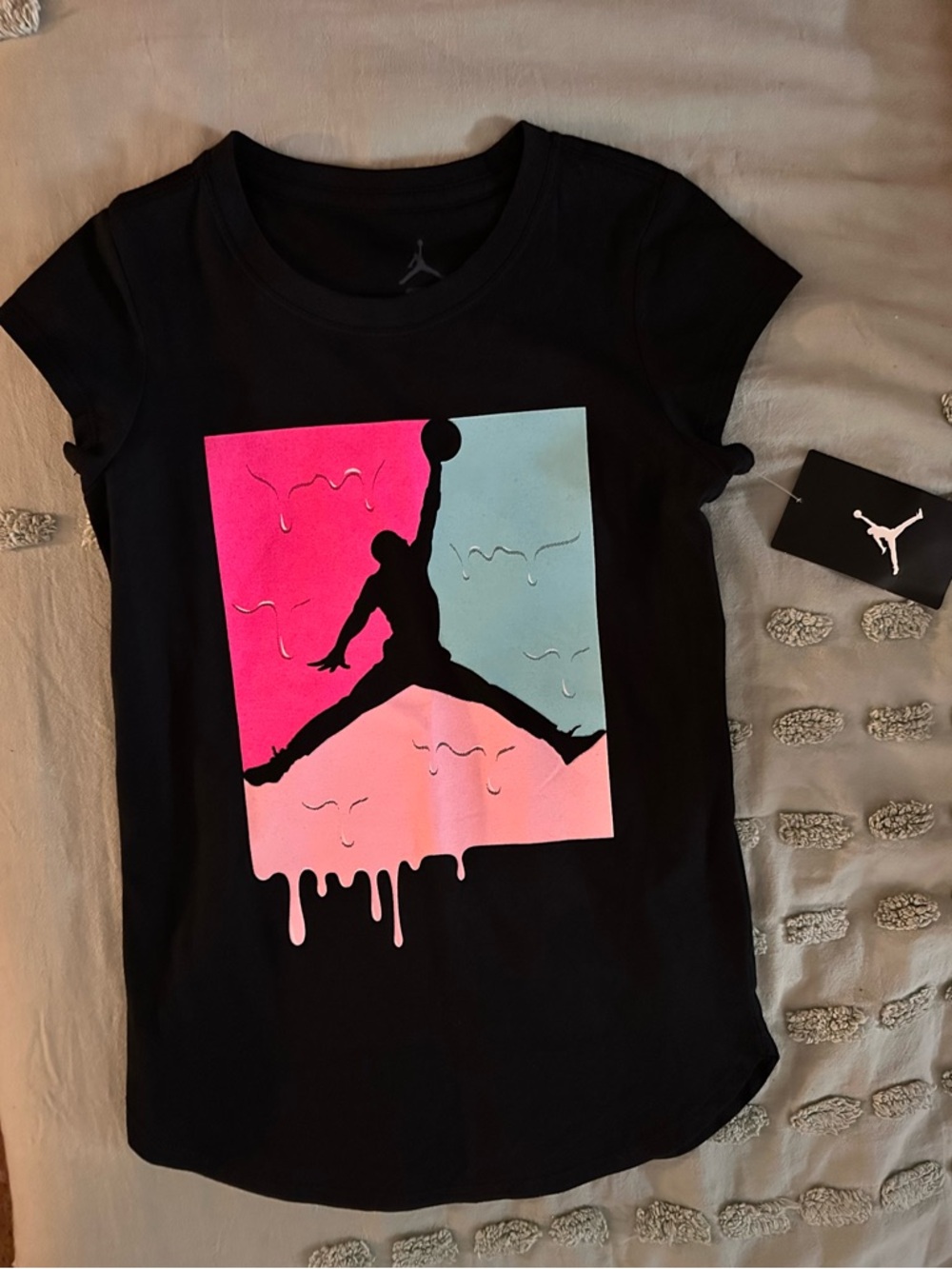 Jordan Black Tee with Pink and Teal Drip Jumpman | Size 10-12 Youth Girls NWT 🏷️ - Picture 2 of 11